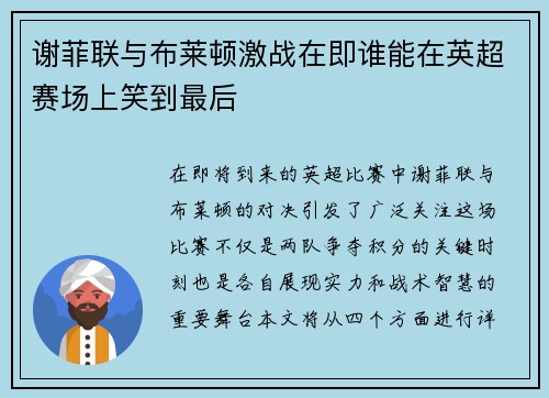 谢菲联与布莱顿激战在即谁能在英超赛场上笑到最后