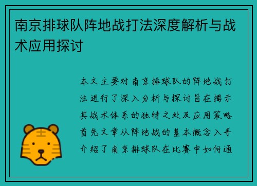 南京排球队阵地战打法深度解析与战术应用探讨