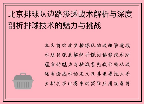 北京排球队边路渗透战术解析与深度剖析排球技术的魅力与挑战