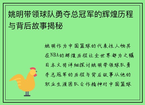 姚明带领球队勇夺总冠军的辉煌历程与背后故事揭秘