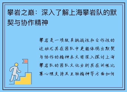 攀岩之巅：深入了解上海攀岩队的默契与协作精神
